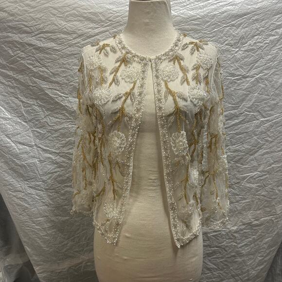 Vintage HandMade in Hong Kong Cream+Pearl+Gold Beaded Cardigan Sweater Size 10 - Picture 1 of 6